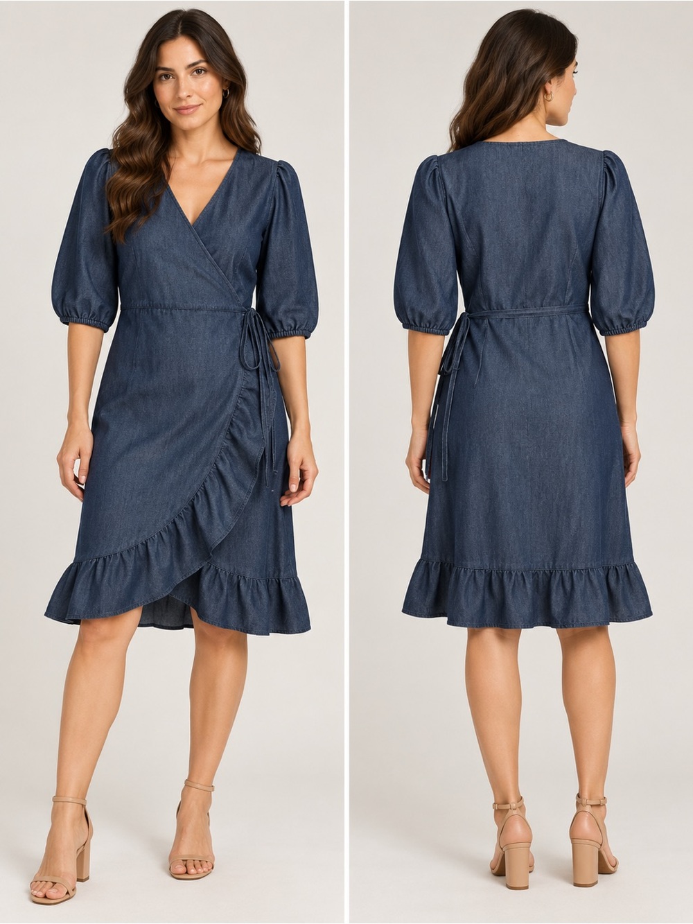 Elan Navy Wrap Midi Dress with Ruffle Hem